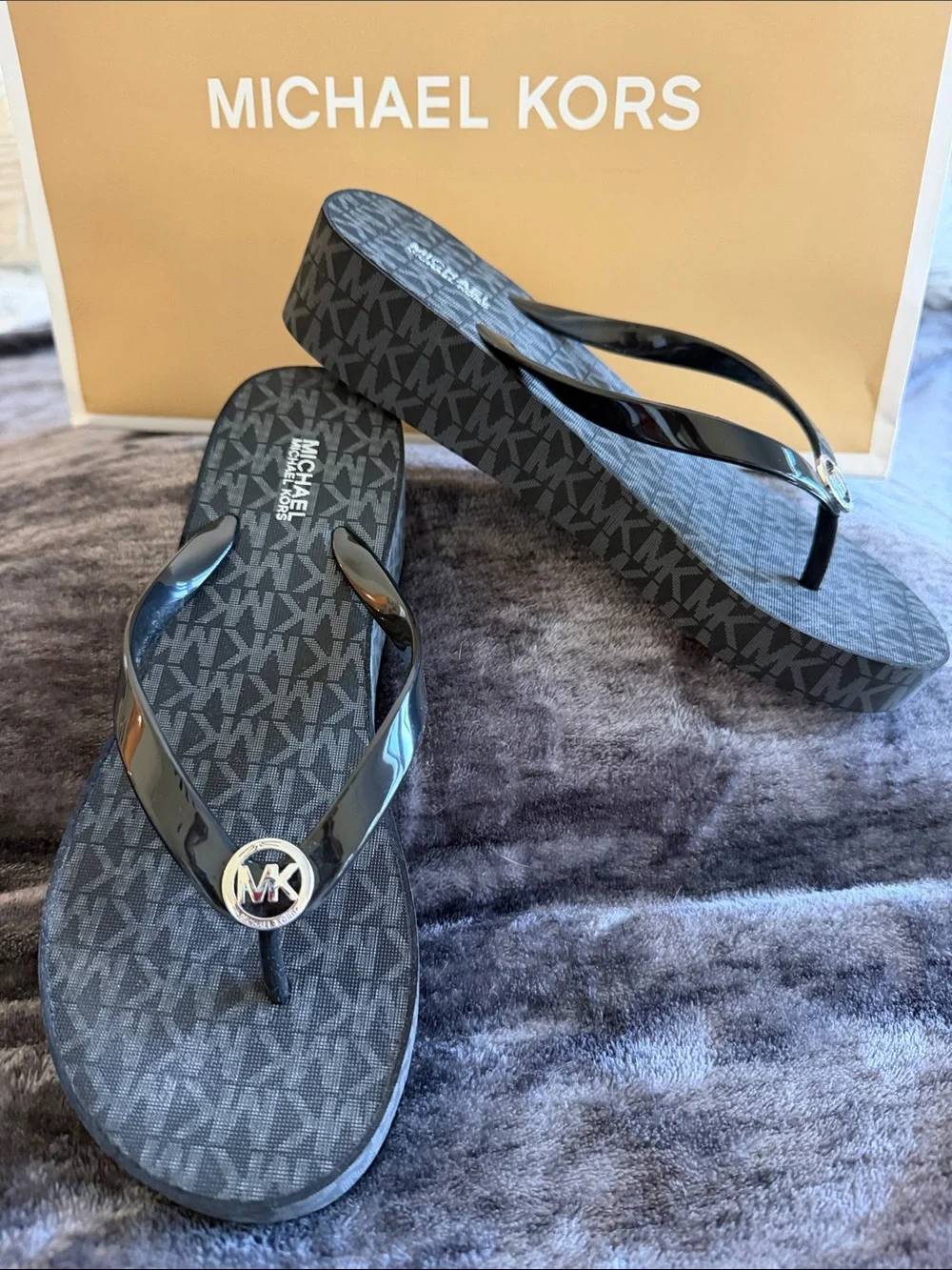 Michael Kors Black MK Logo Wedge Flip Flops